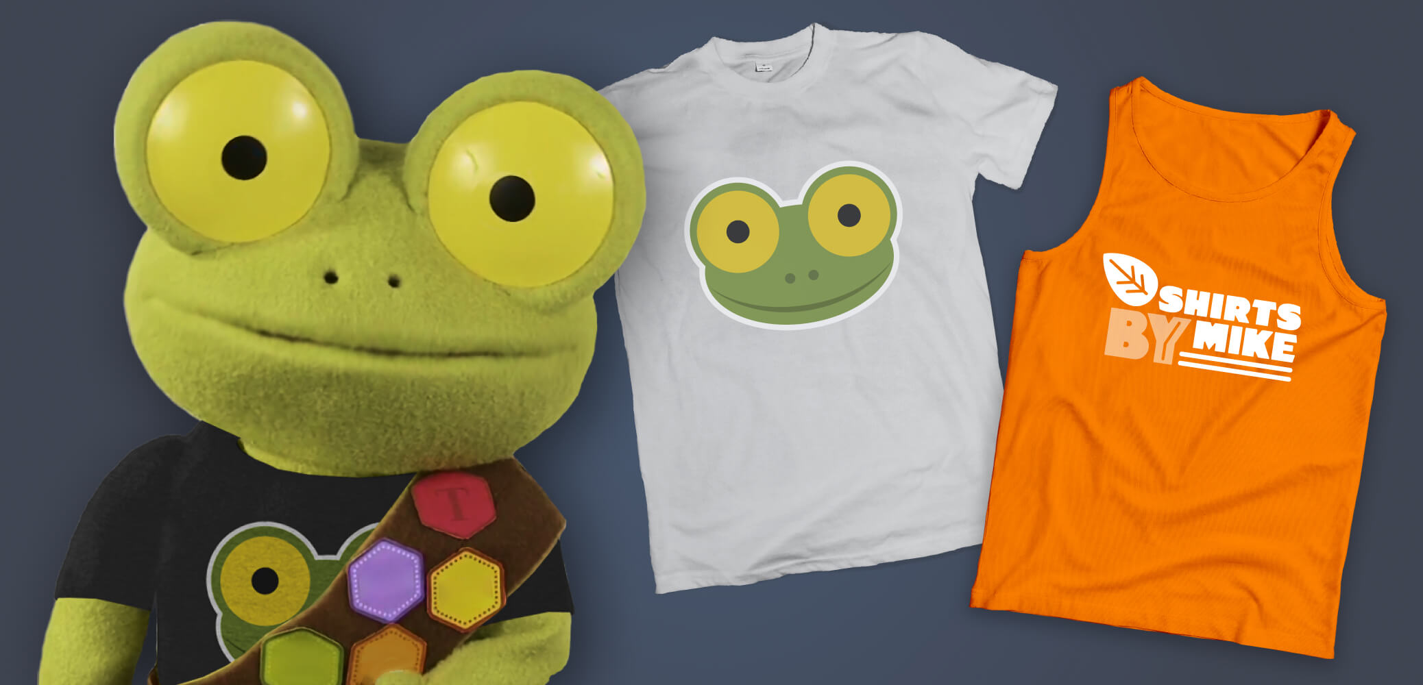 Shirts By Mike hero image. Mike the frog with a white t-shirt and orange tank top.